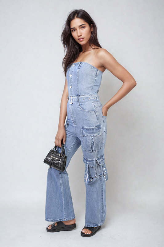 Women's Multi Pockets Strapless Cargo Jumpsuit