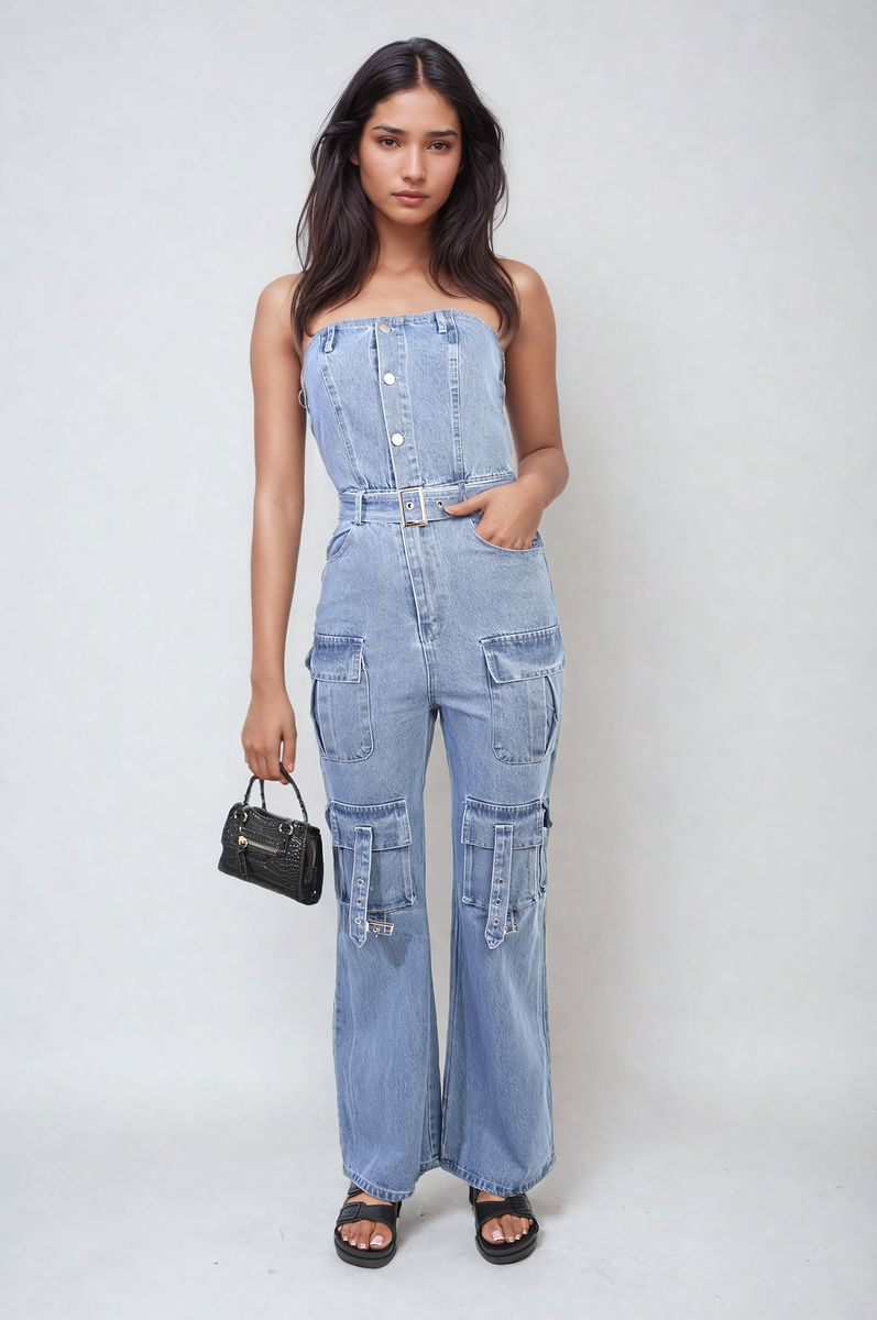 Women's Multi Pockets Strapless Cargo Jumpsuit