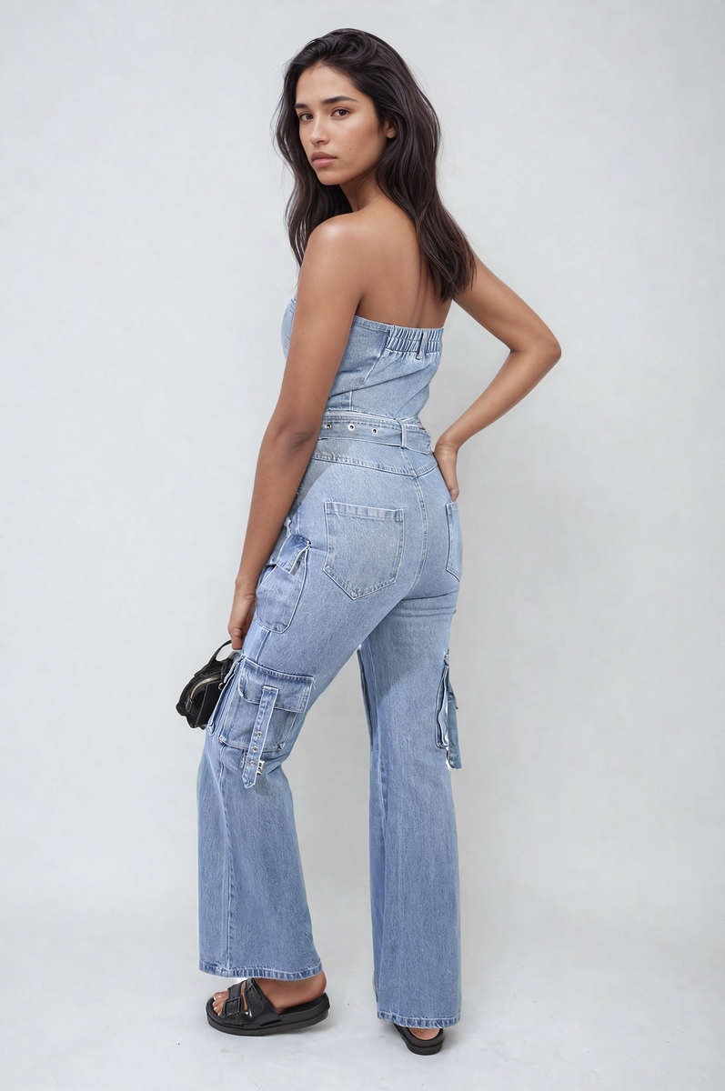 Women's Multi Pockets Strapless Cargo Jumpsuit