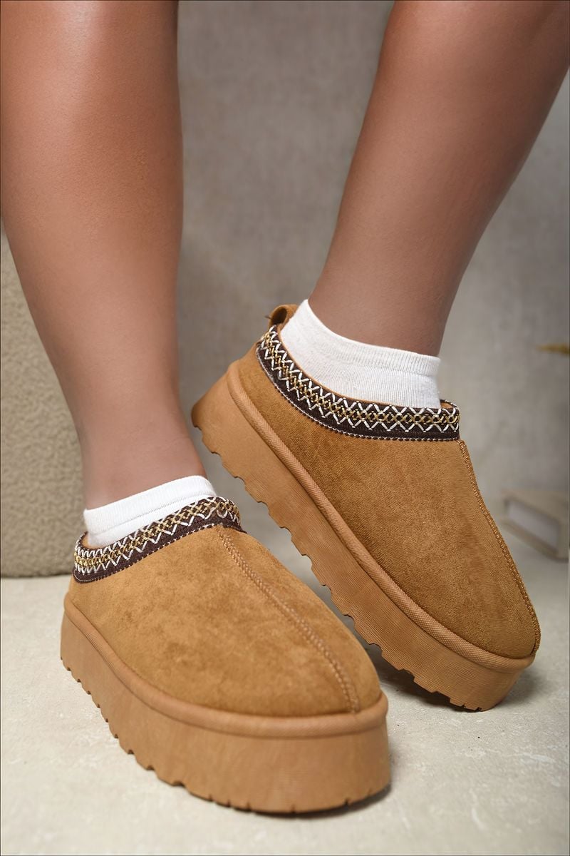 Women's Aztec Detail Low Ankle Platform Slipper Boots