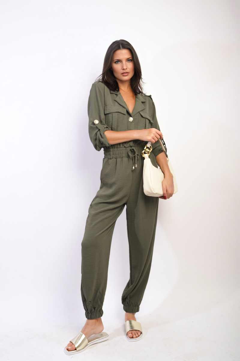 Women's Collar Button-Front Jogger Drawstring Jumpsuit