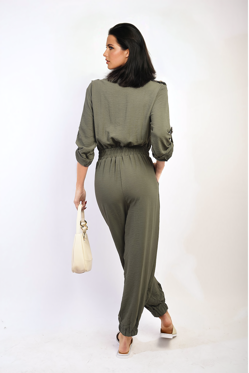 Women's Collar Button-Front Jogger Drawstring Jumpsuit