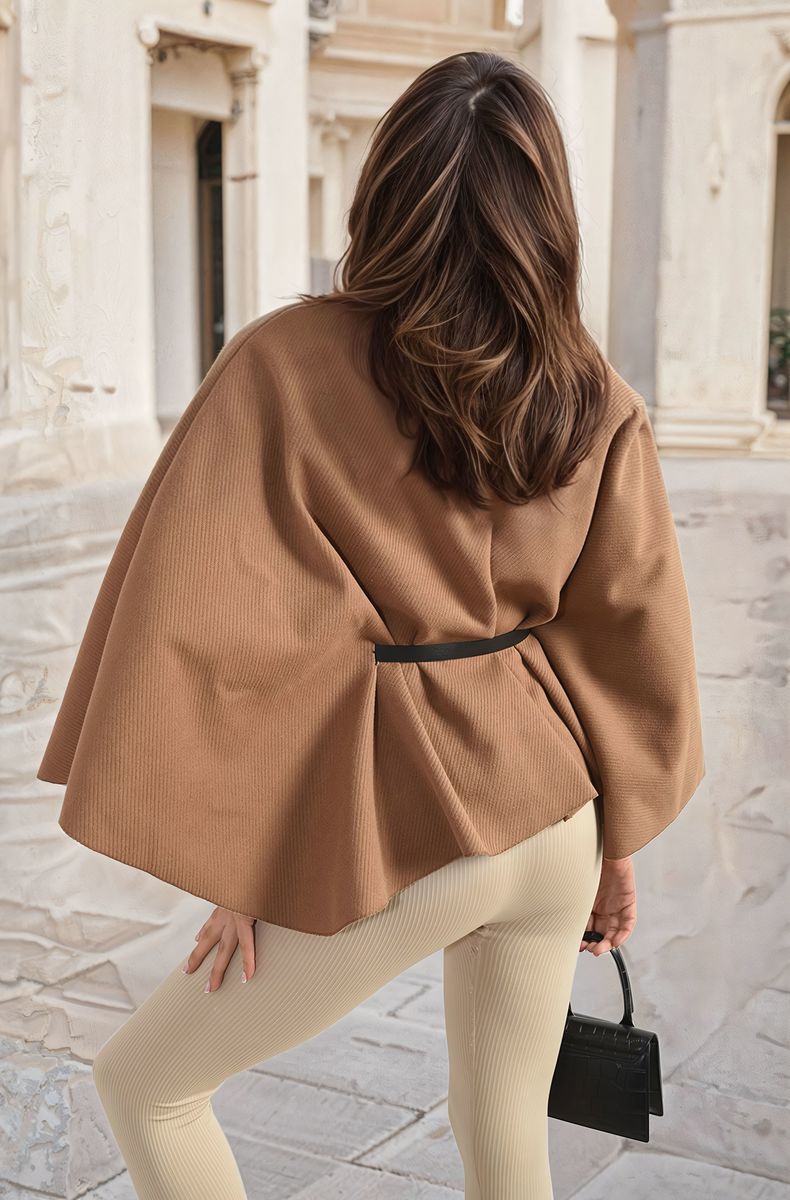 Women's High Neck Belted Cape Jacket