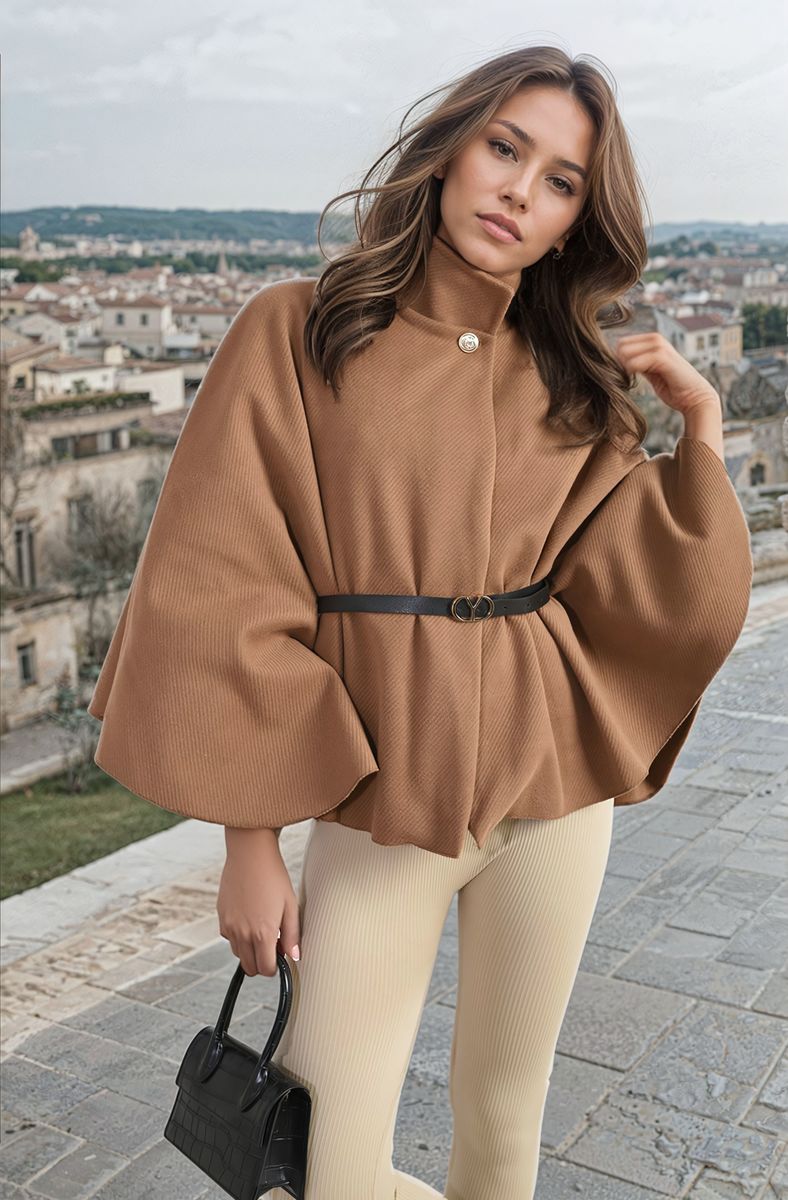 Women's High Neck Belted Cape Jacket