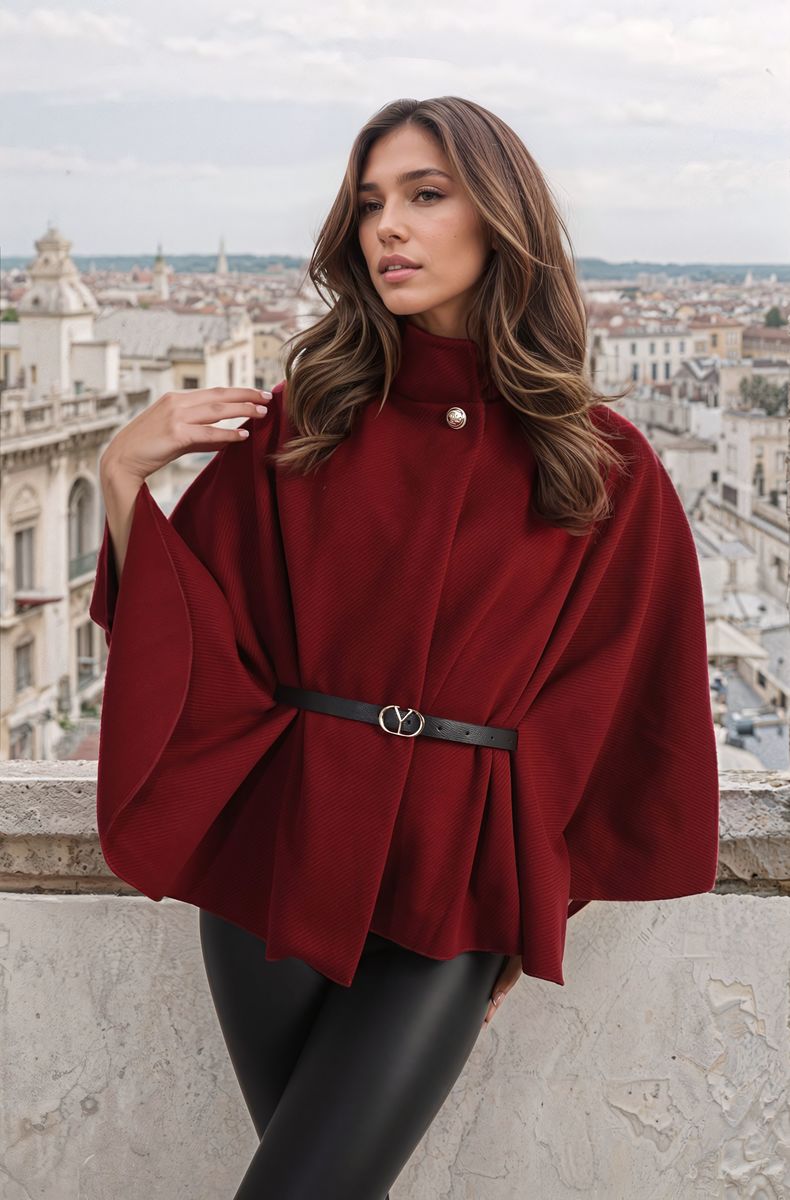 Women's High Neck Belted Cape Jacket