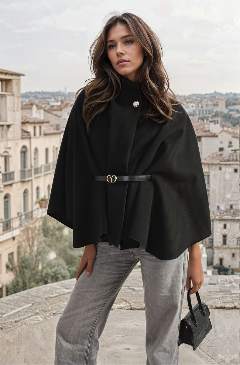 Women's High Neck Belted Cape Jacket