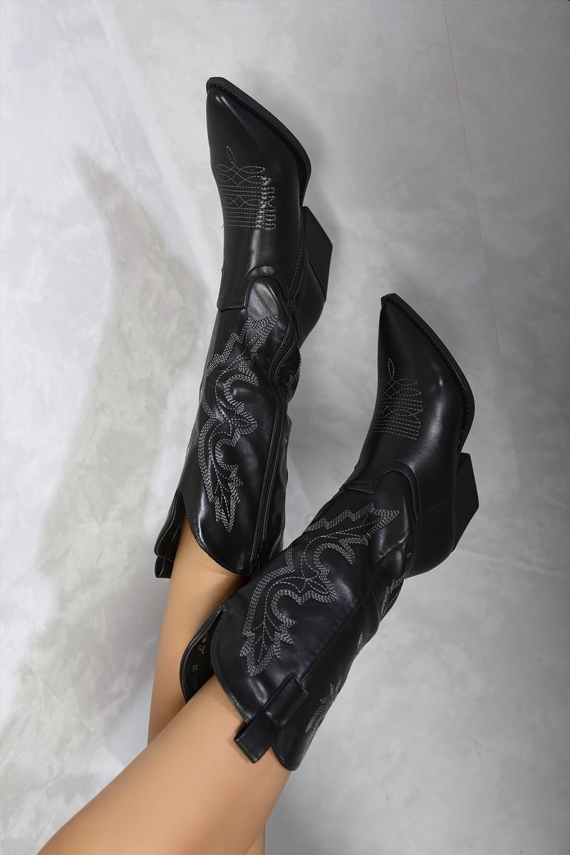 Women's High Pointed Toe Embroidered Thick Heel Cowboy Boots