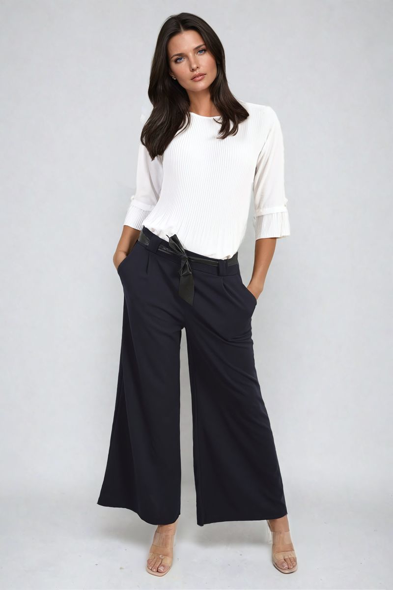 Women's Belted High Waist Wide Leg Trouser