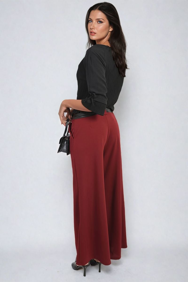 Women's Belted High Waist Wide Leg Trouser