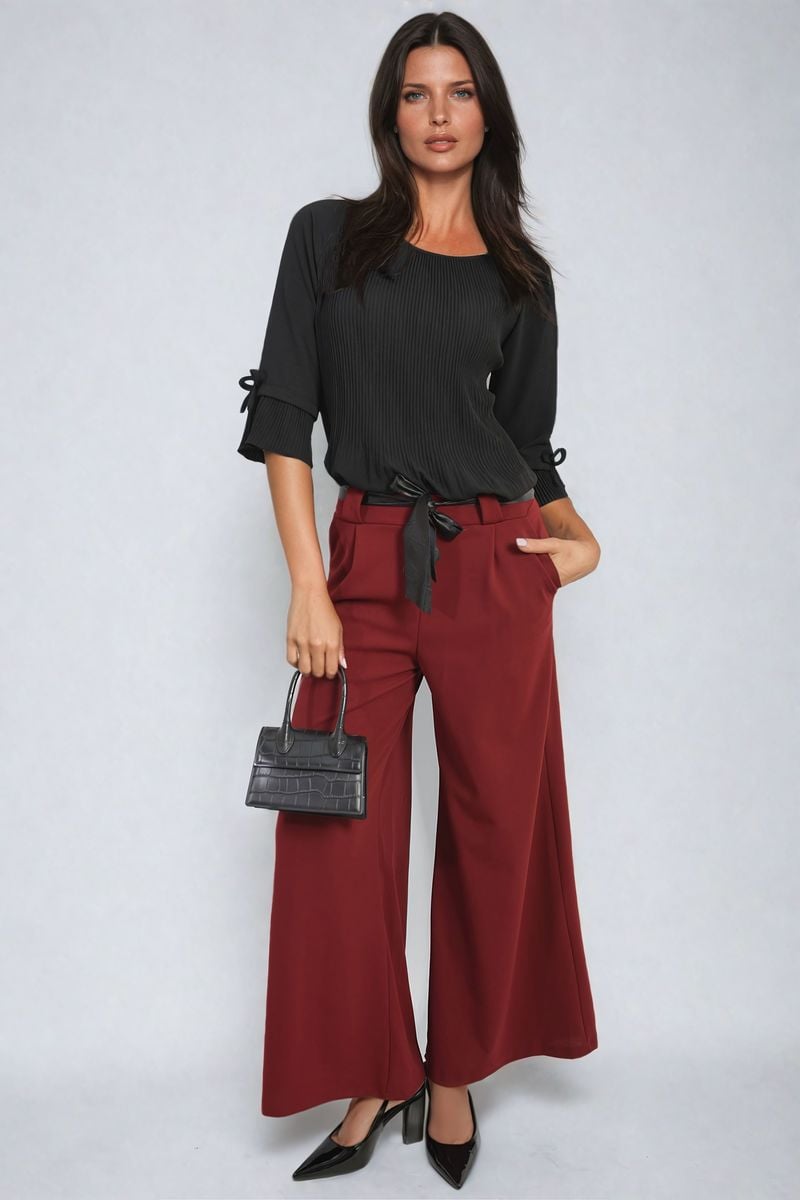 Women's Belted High Waist Wide Leg Trouser