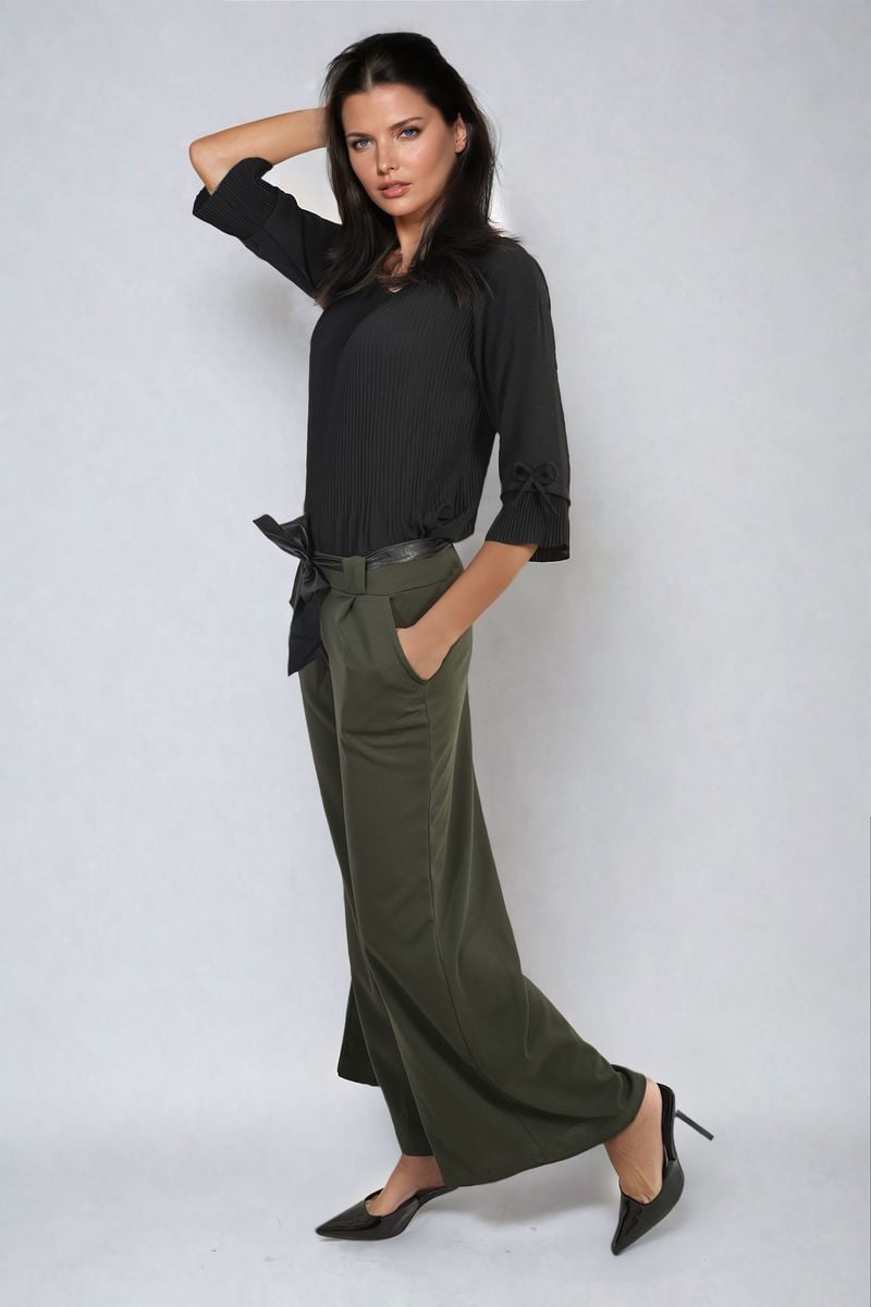 Women's Belted High Waist Wide Leg Trouser