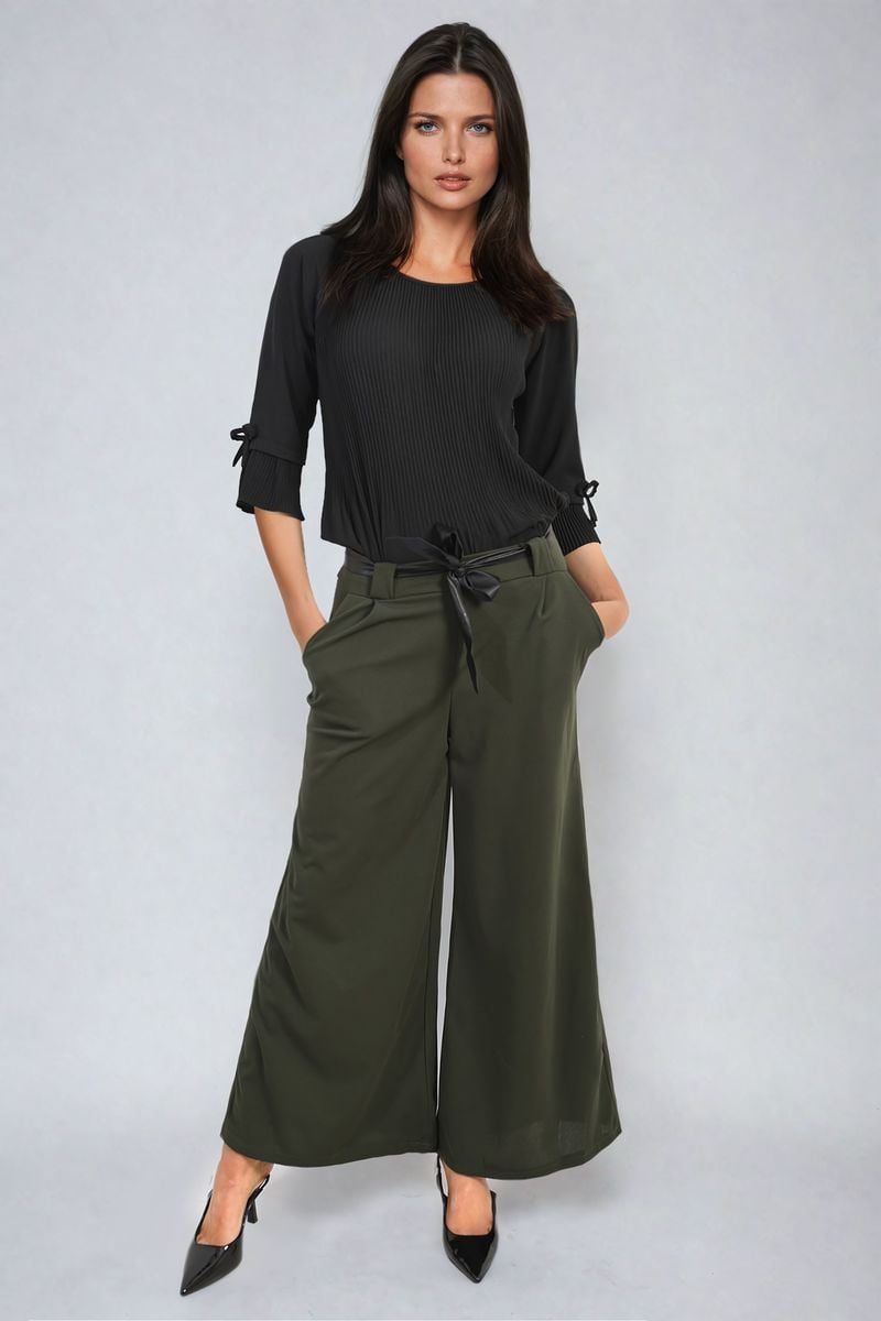 Women's Belted High Waist Wide Leg Trouser