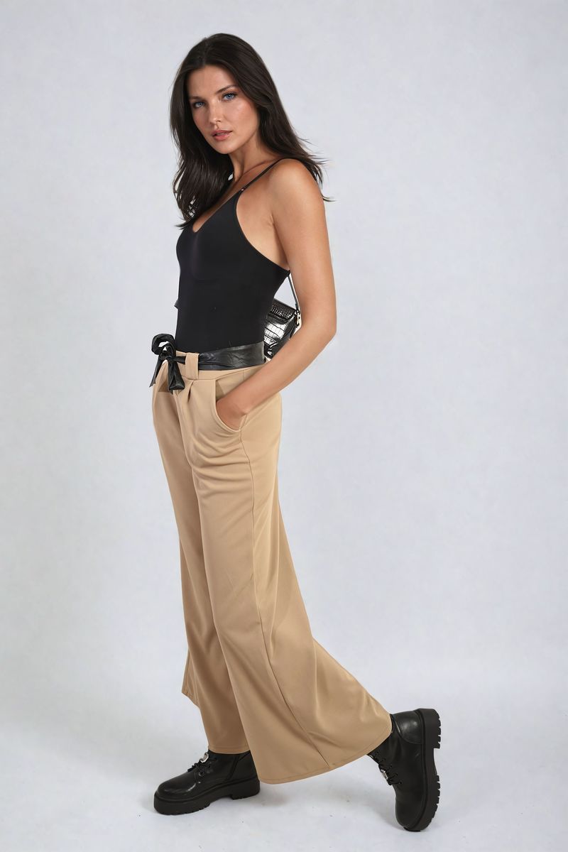 Women's Belted High Waist Wide Leg Trouser