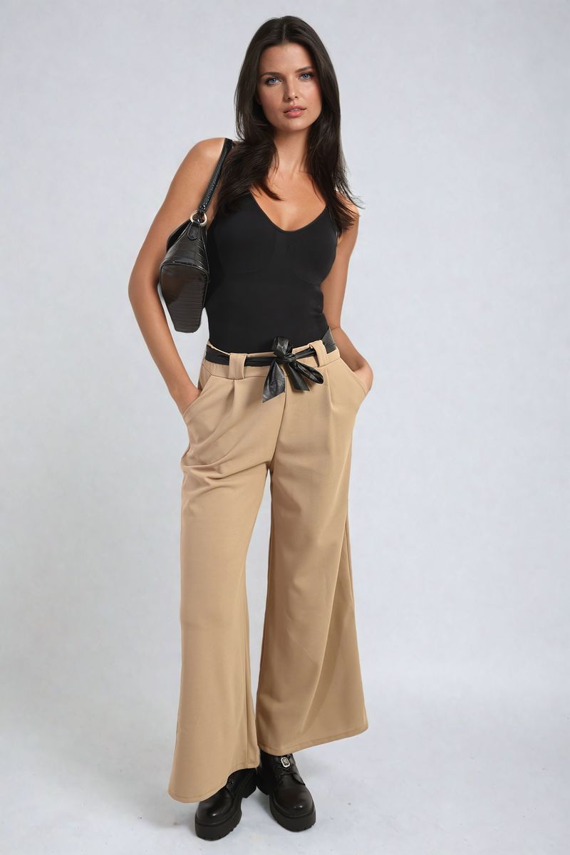 Women's Belted High Waist Wide Leg Trouser