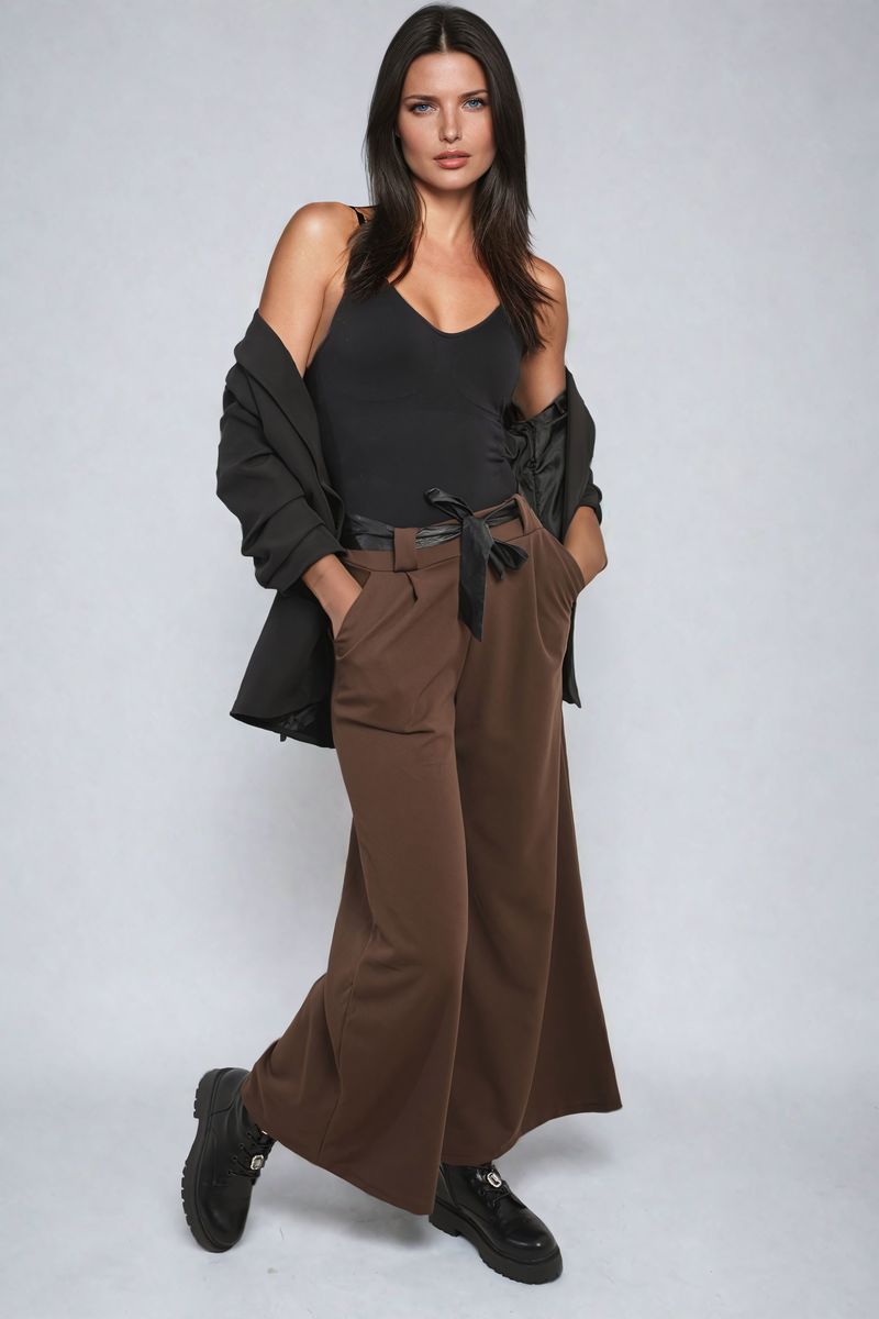 Women's Belted High Waist Wide Leg Trouser