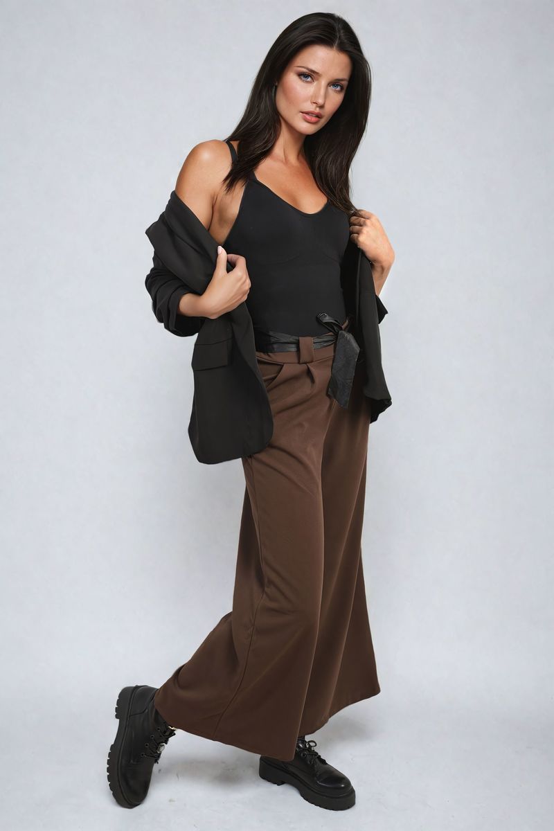 Women's Belted High Waist Wide Leg Trouser