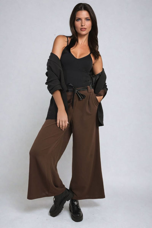 Women's Belted High Waist Wide Leg Trouser