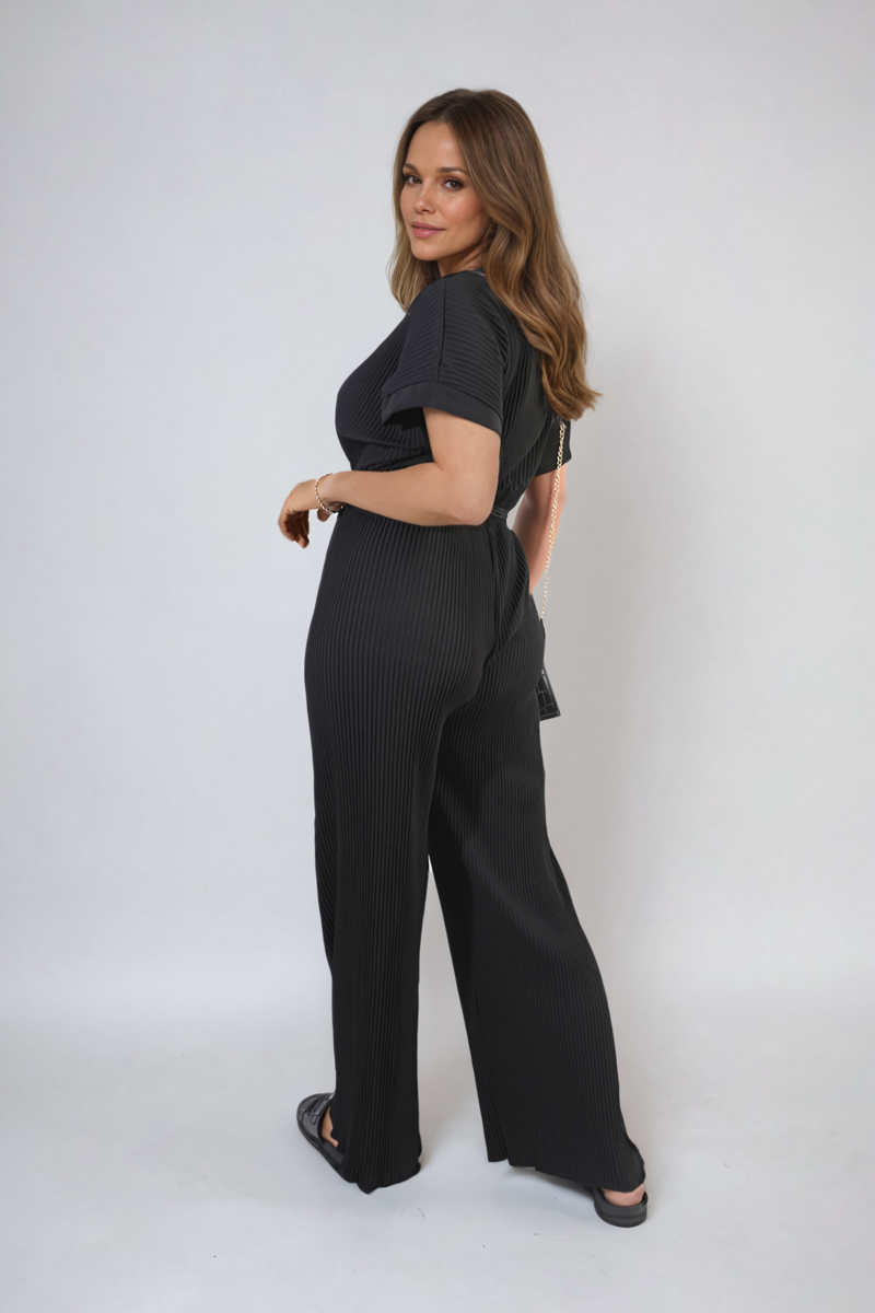 Women's Tie Waist Short Sleeve Pleated Jumpsuit