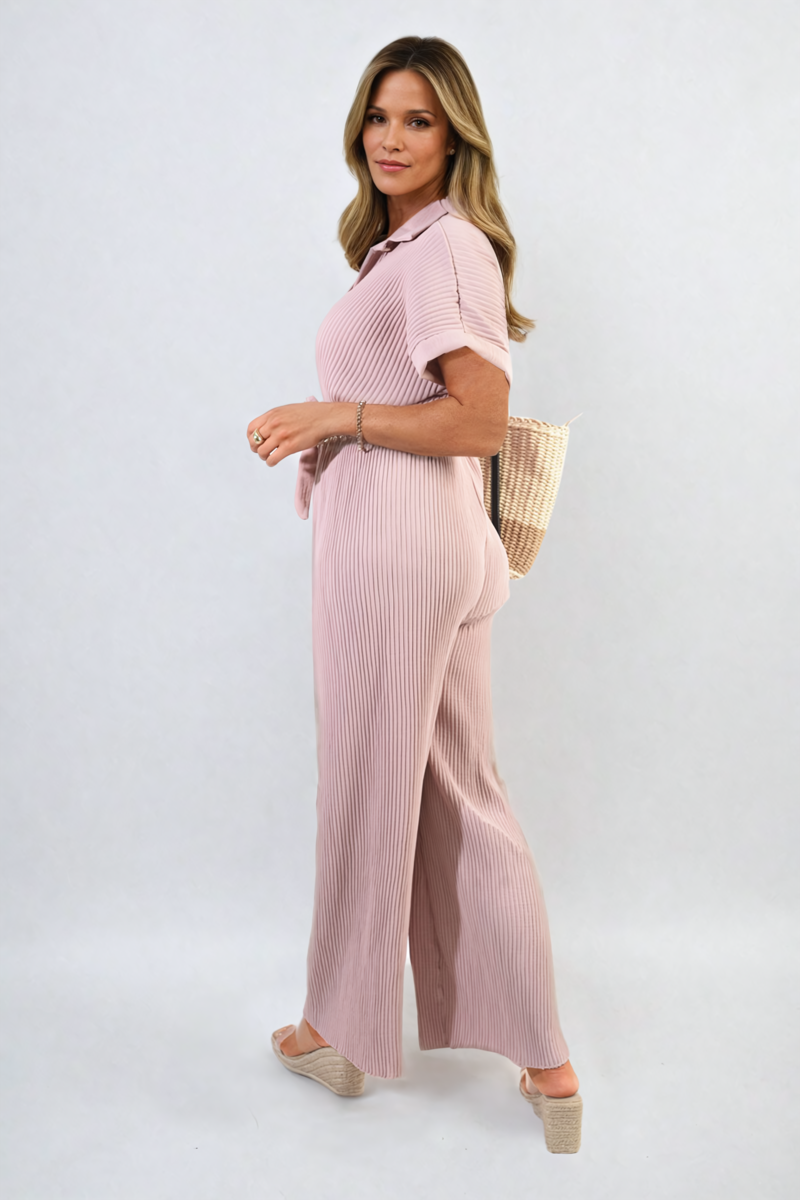 Women's Tie Waist Short Sleeve Pleated Jumpsuit