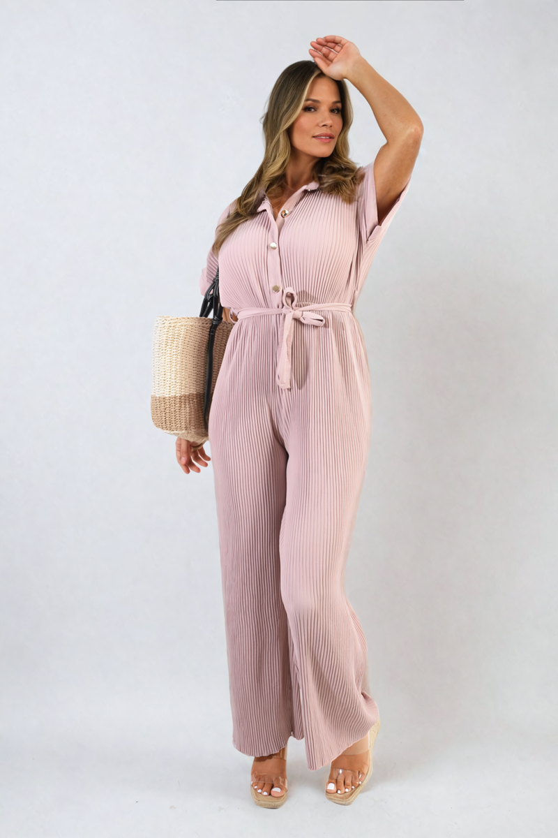 Women's Tie Waist Short Sleeve Pleated Jumpsuit