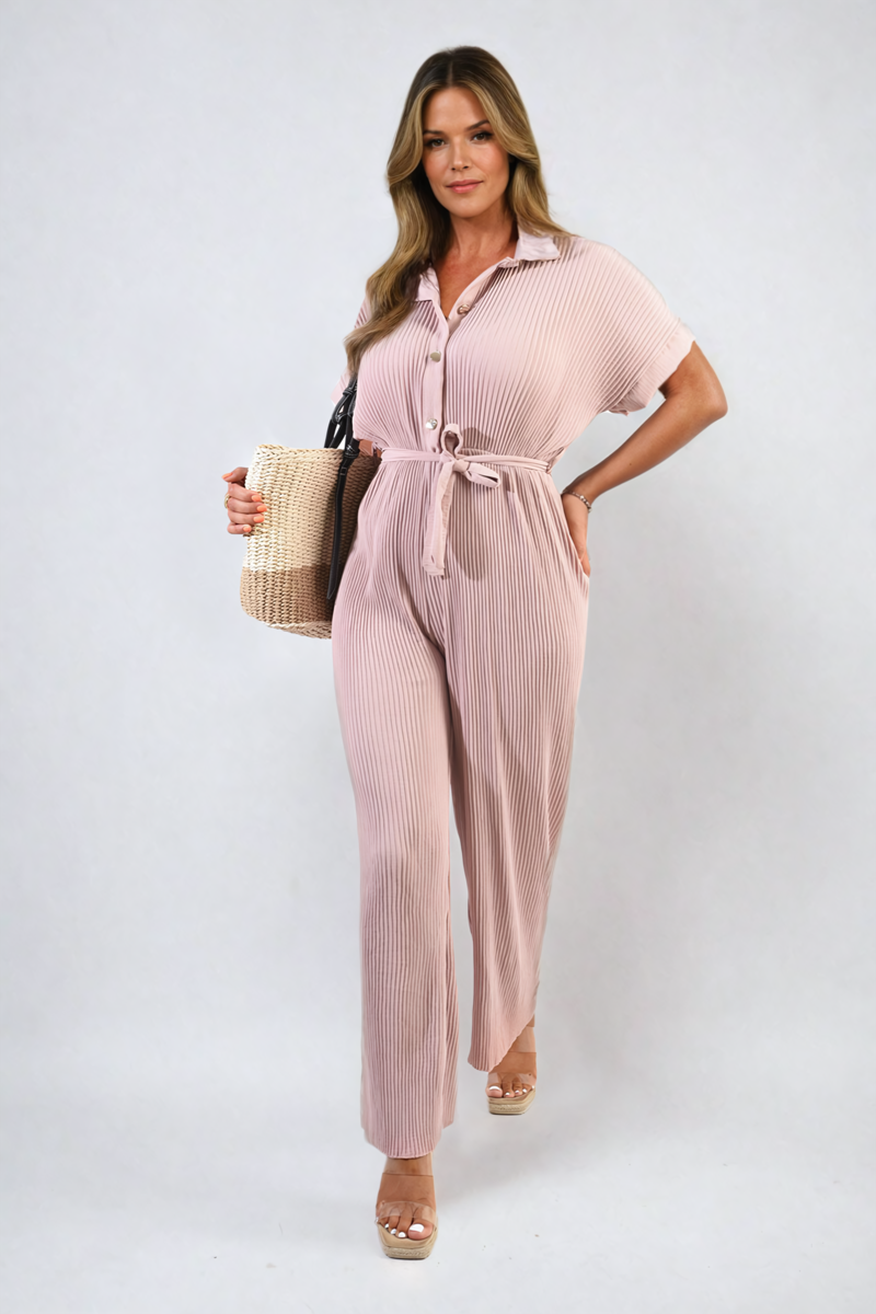 Women's Tie Waist Short Sleeve Pleated Jumpsuit