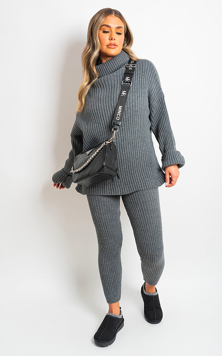 Women's Chunky Knitted High Roll Neck Top Bottom Co-ord Set