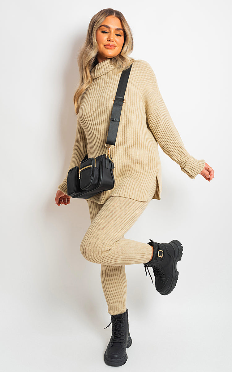 Women's Chunky Knitted High Roll Neck Top Bottom Co-ord Set