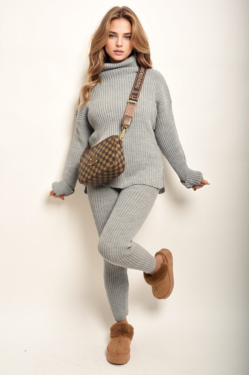 Women's Chunky Knitted High Roll Neck Top Bottom Co-ord Set