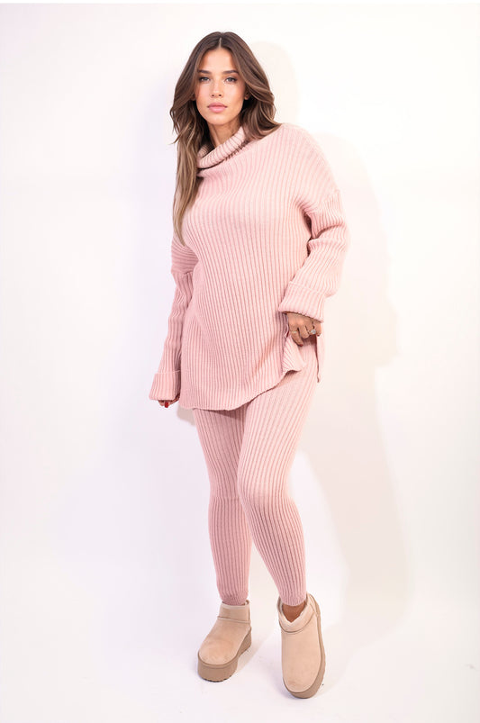 Women's Chunky Knitted High Roll Neck Top Bottom Co-ord Set