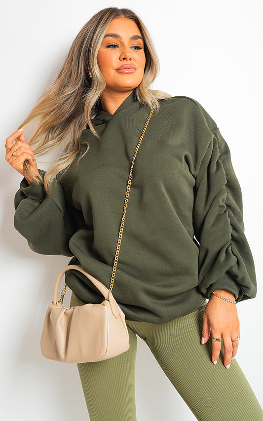 Women's Fall Winter Oversized Ruched Sleeves Hoodie