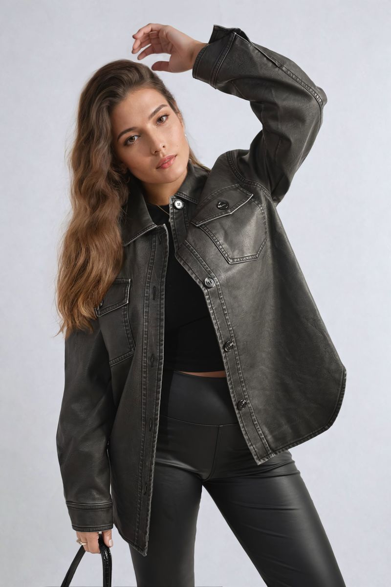 Women's Button Front Pocket Detail Faux Leather Jacket