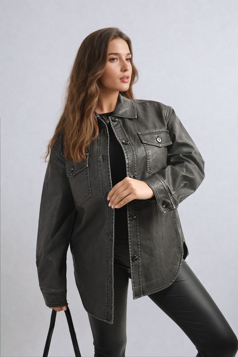 Women's Button Front Pocket Detail Faux Leather Jacket