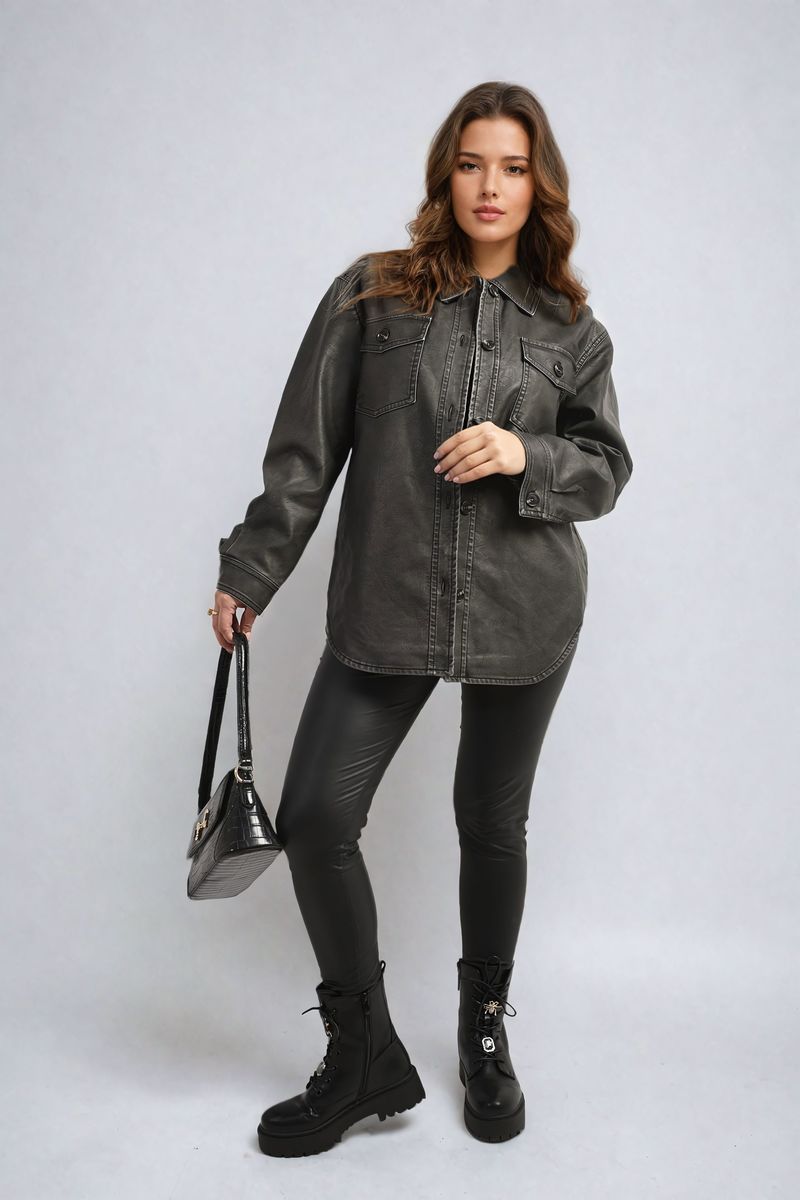 Women's Button Front Pocket Detail Faux Leather Jacket