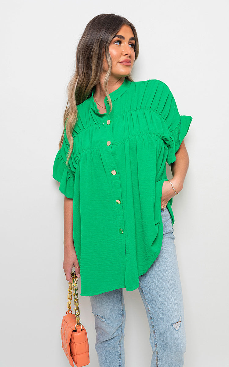 Women's Button Down Pleated Frill Tops