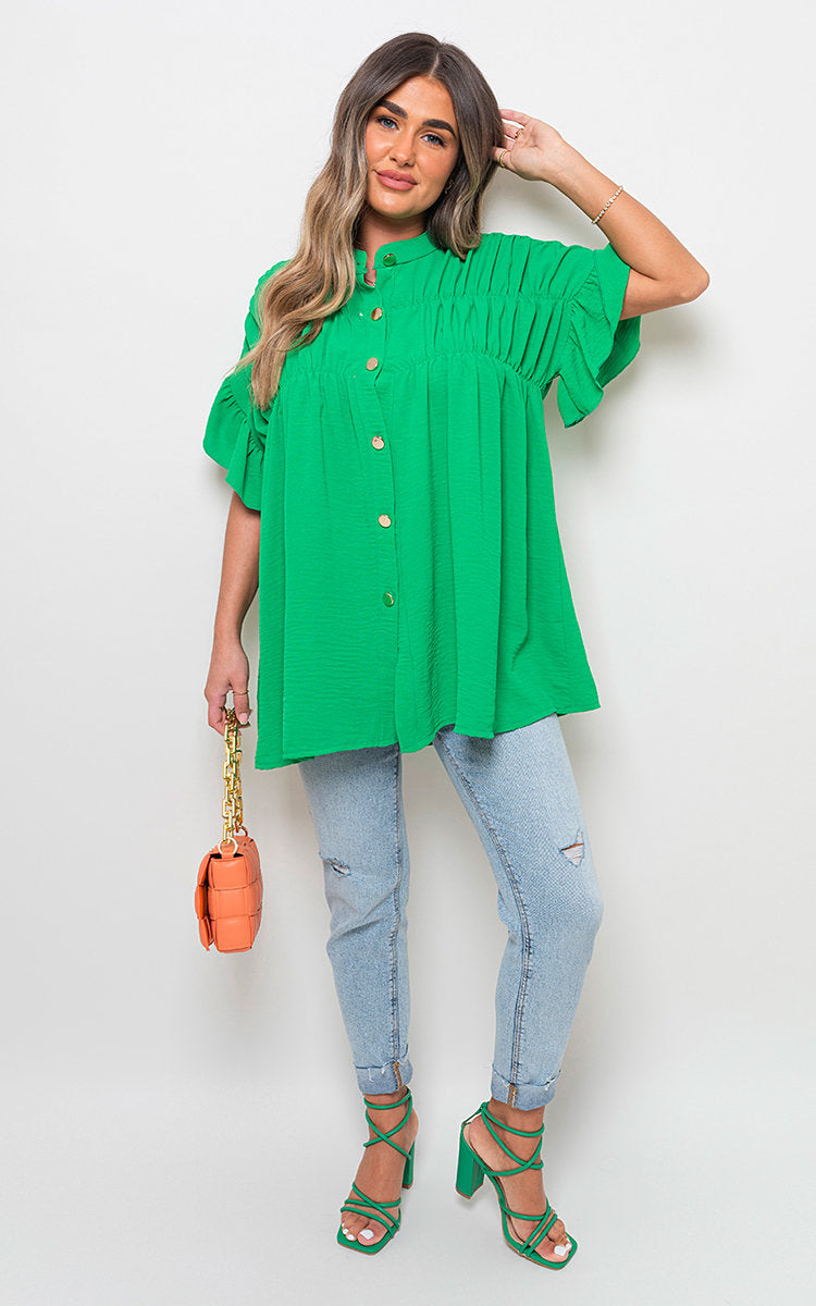 Women's Button Down Pleated Frill Tops