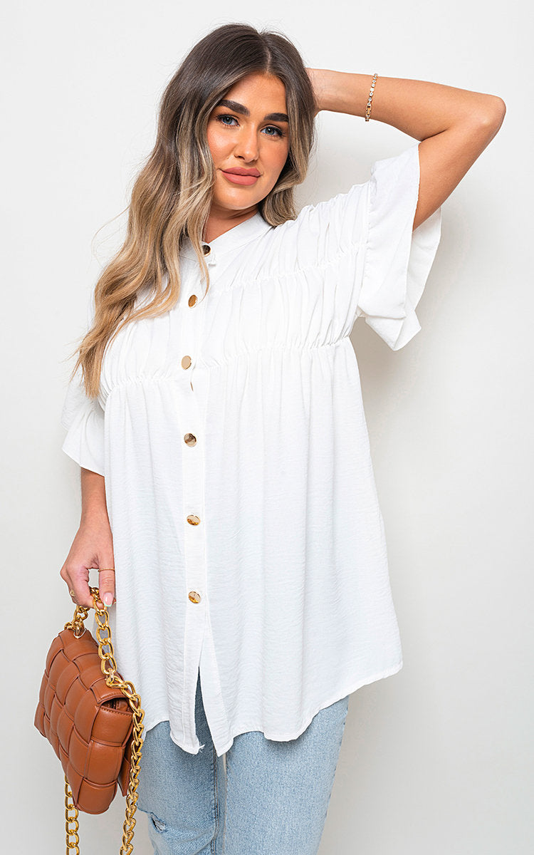 Women's Button Down Pleated Frill Tops