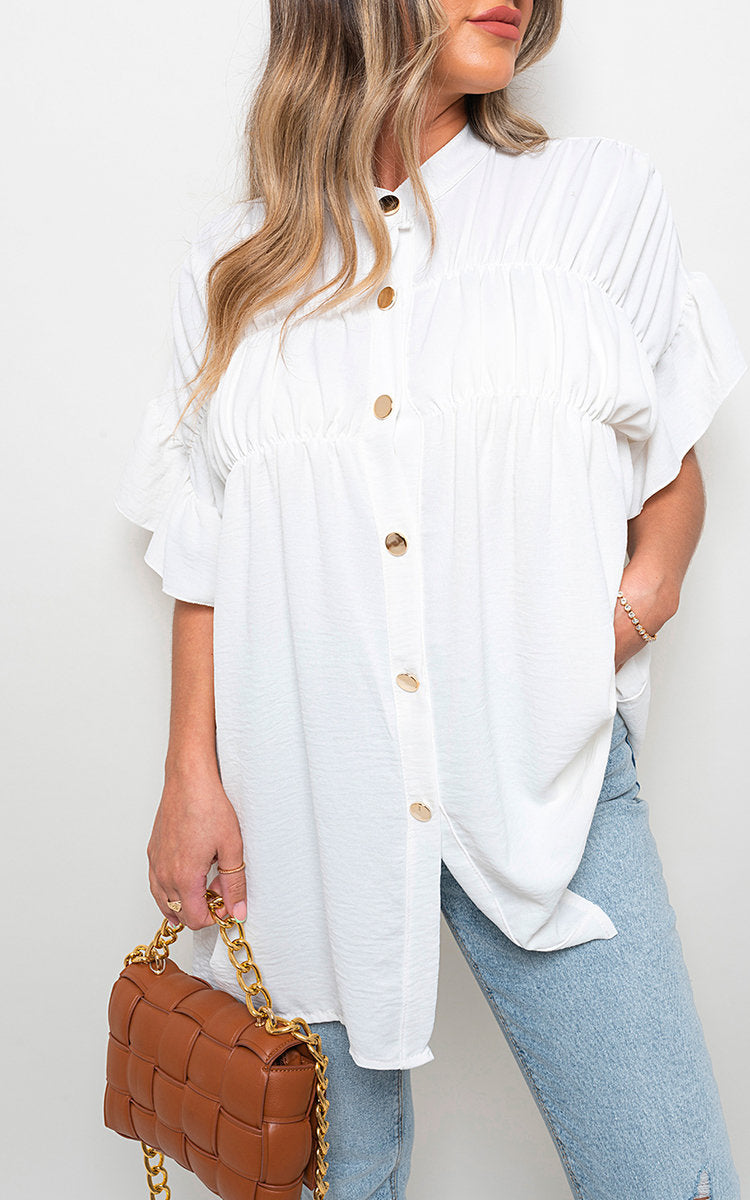 Women's Button Down Pleated Frill Tops