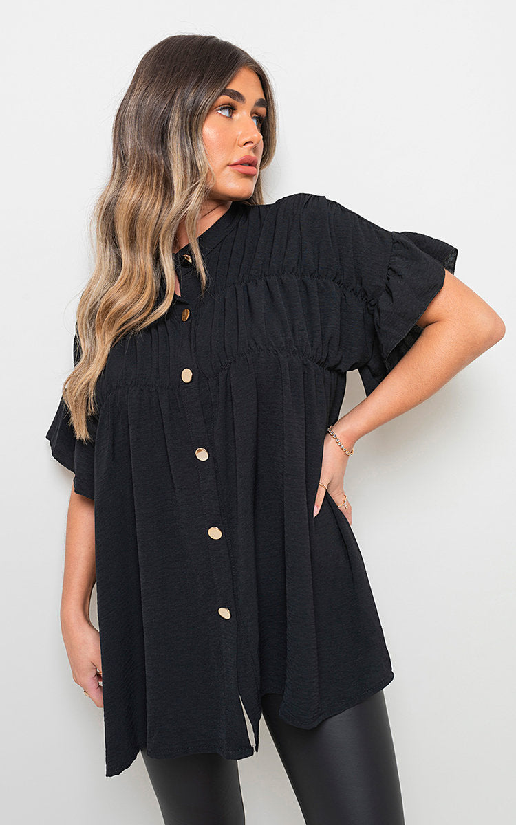 Women's Button Down Pleated Frill Tops