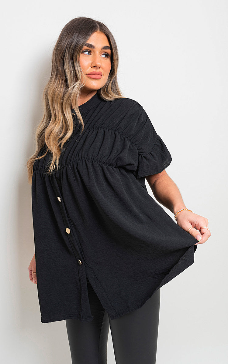 Women's Button Down Pleated Frill Tops