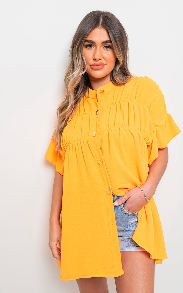 Women's Button Down Pleated Frill Tops