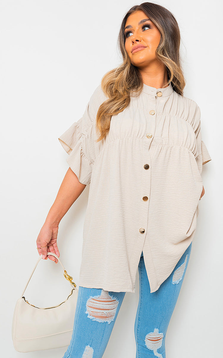 Women's Button Down Pleated Frill Tops