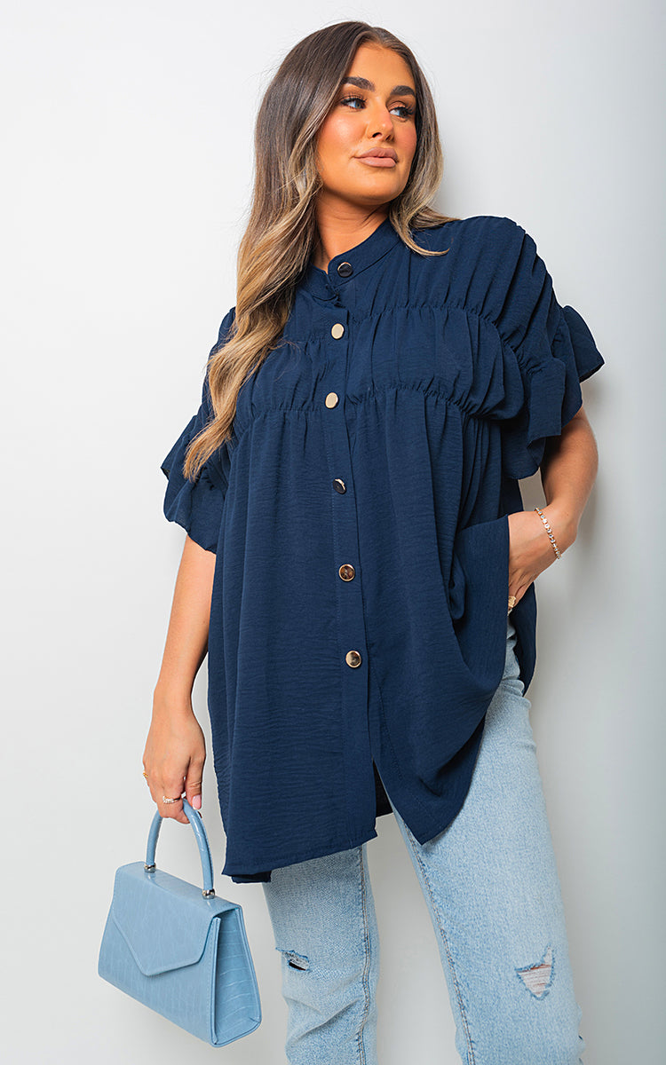 Women's Button Down Pleated Frill Tops