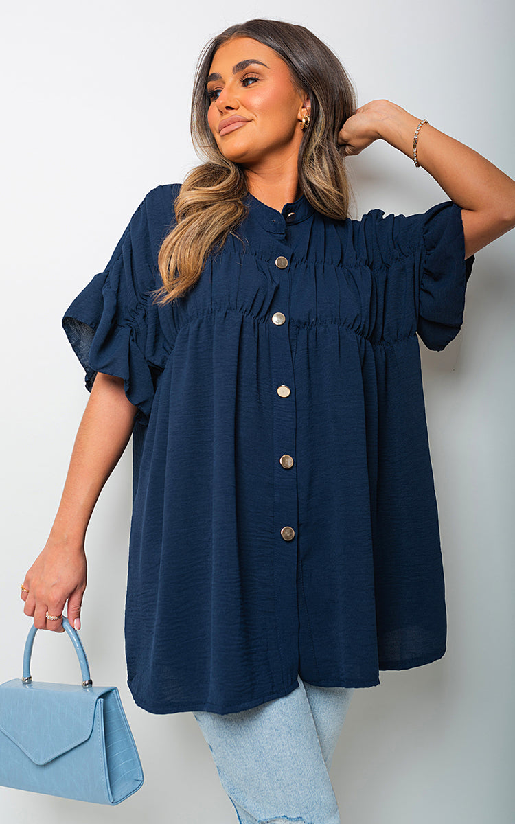 Women's Button Down Pleated Frill Tops