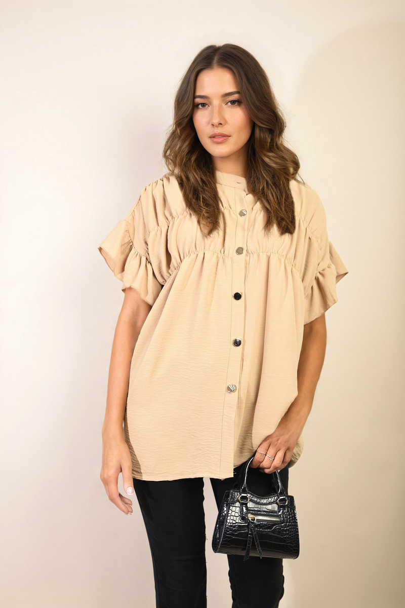 Women's Button Down Pleated Frill Tops