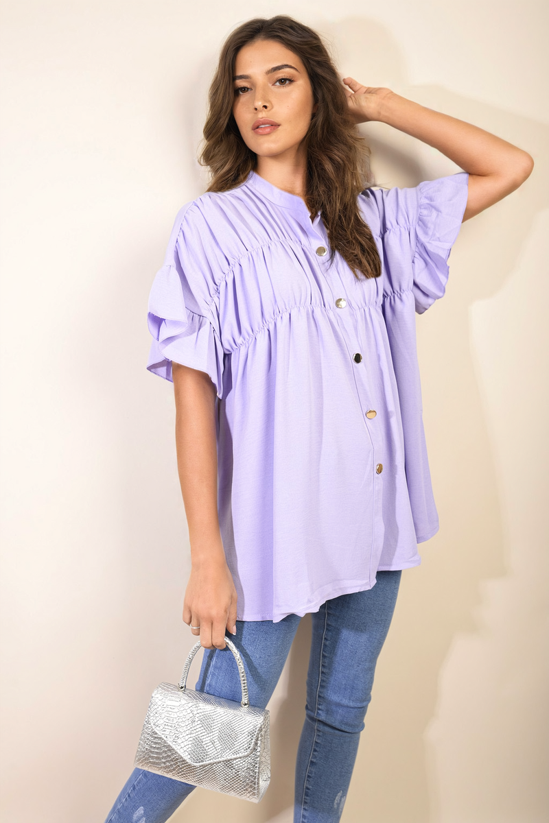 Women's Button Down Pleated Frill Tops