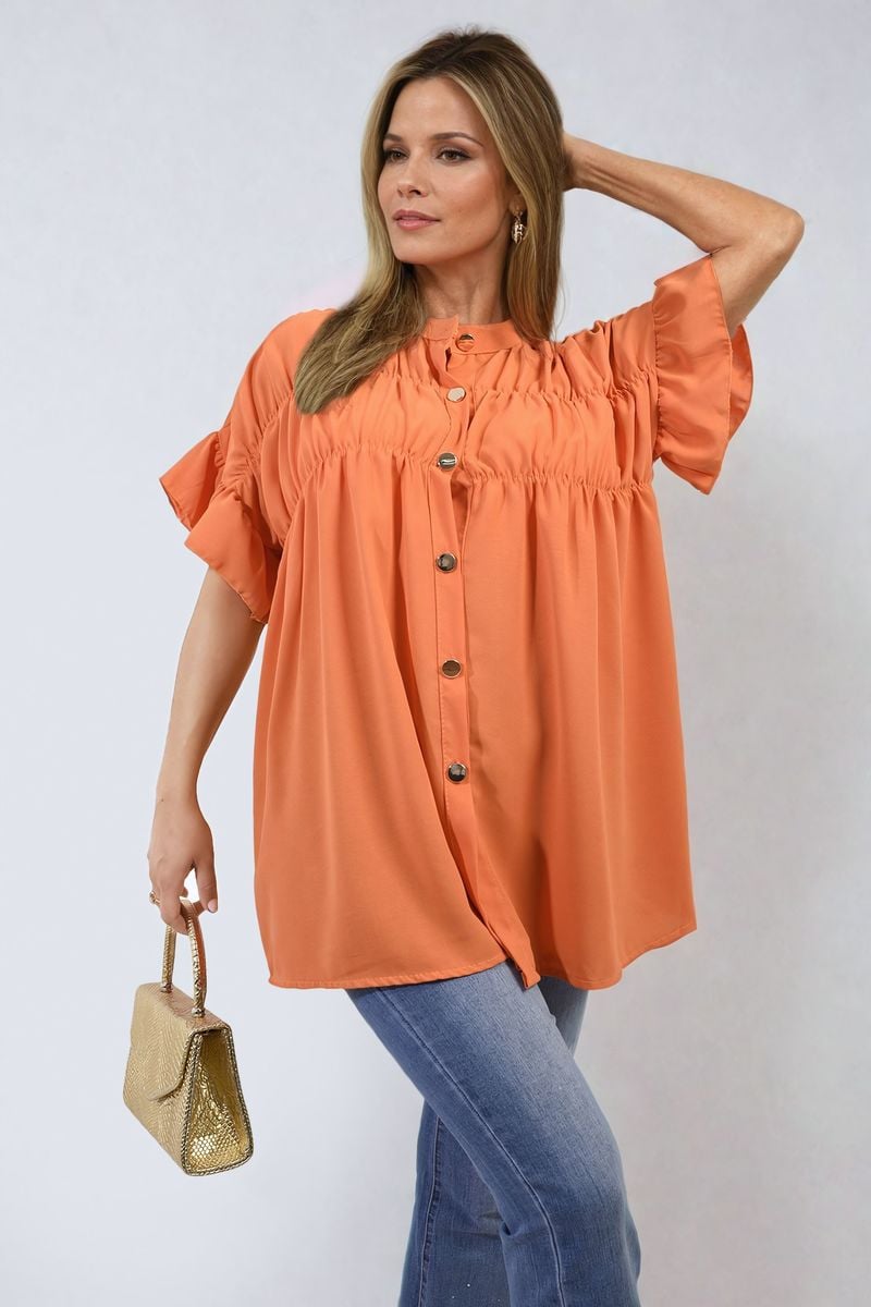 Women's Button Down Pleated Frill Tops