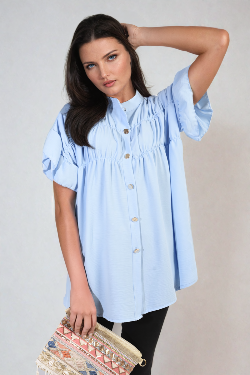 Women's Button Down Pleated Frill Tops