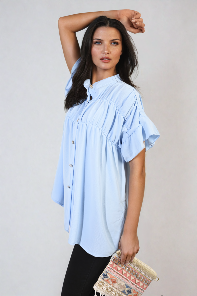 Women's Button Down Pleated Frill Tops