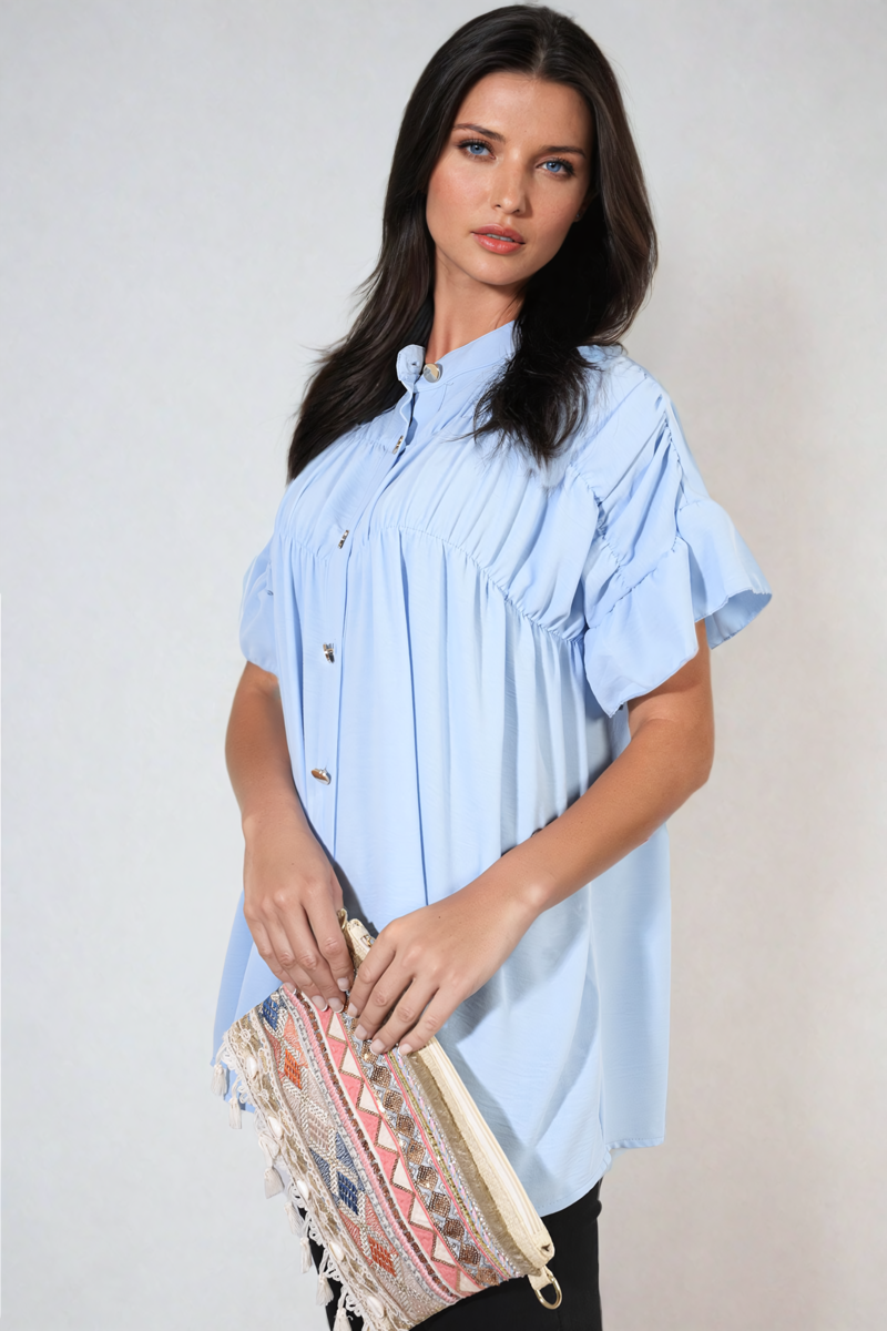 Women's Button Down Pleated Frill Tops