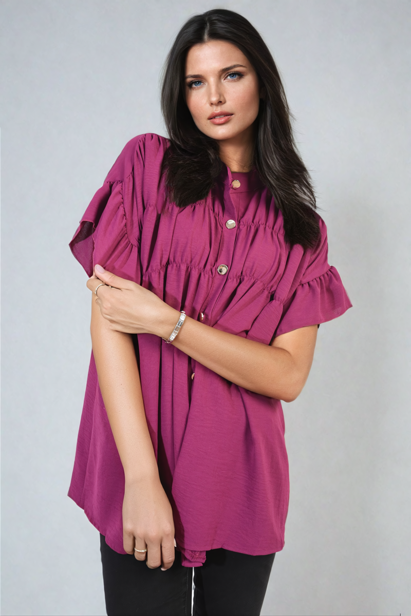 Women's Button Down Pleated Frill Tops